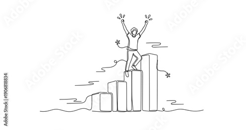 Successful business growth concept with happy person on rising graph bars. None editable stroke