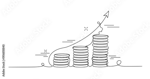 Continuous line drawing of stacked coins with arrow symbolizing financial growth and success. None editable stroke