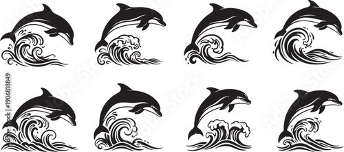 Eight stylized dolphins leaping out of the ocean with artistic wave designs Vector