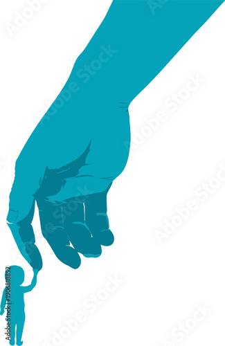 Minimalist blue vector of a giant male hand protecting a small child, Father's Day and safety concept