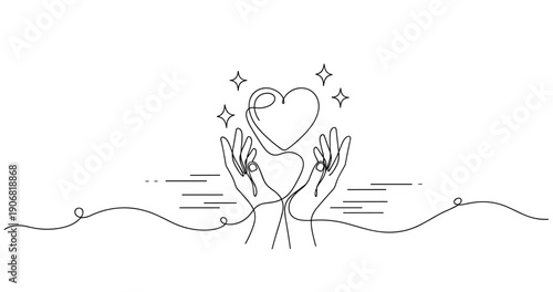 Minimalist line art of hands releasing heart and stars. None editable stroke