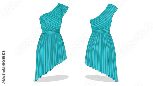 A vibrant teal one-shoulder dress with a gracefully pleated texture and modern asymmetrical hemline design vector illustration isolated on white