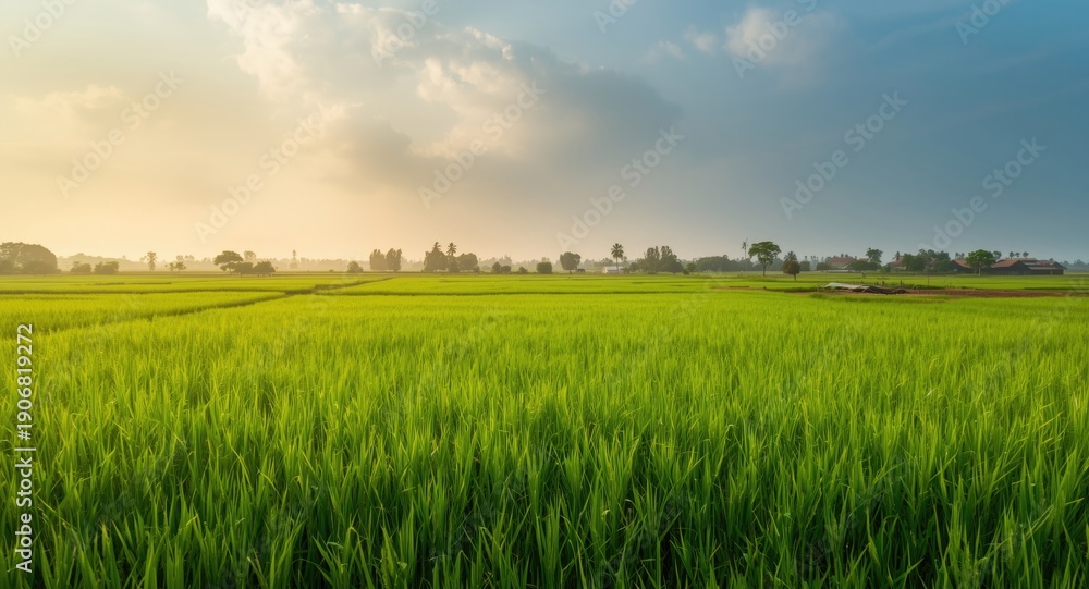 Fototapeta premium Idyllic farming scene with verdant rice fields under morning sky