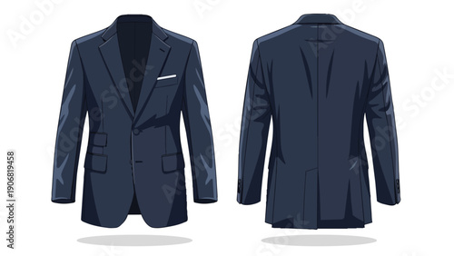 Elegant navy blue single-breasted blazer for men, featuring a pristine front view with a white pocket square and a refined back silhouette for