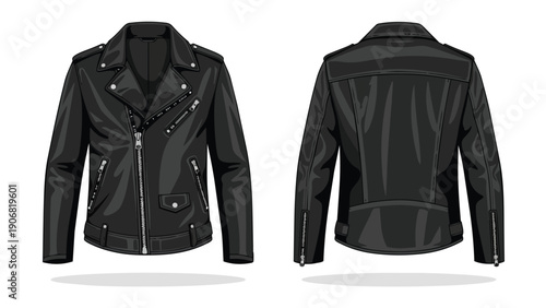 Classic black leather biker jacket vector illustration, front and back views with detailed hardware elements