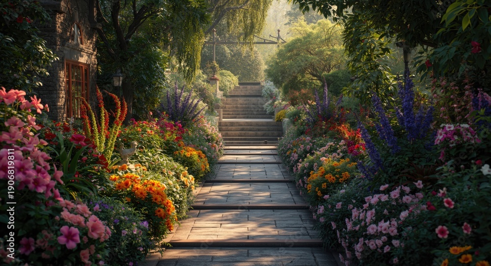 Obraz premium Lush walkway blooming with flowers and a blank area for text overlay