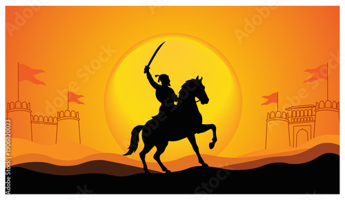 Shivaji Maharaj Sword Rider Silhouette Fort Bright Sun Vector