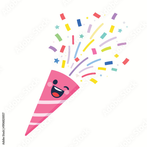 A cheerful pink party popper with a happy winking face, exploding with vibrant colorful confetti and stars, celebrating a festive occasion.