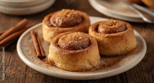 Wallpaper Mural Cinnamon rolls displayed on ceramic plate with cinnamon sticks and brown sugar accompaniment Torontodigital.ca