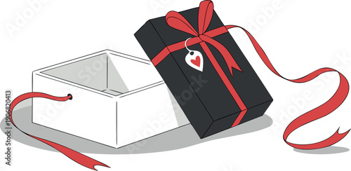 Elegant Open Gift Box with Red Ribbon and Heart Tag Illustration