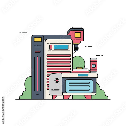 Colorful vector illustration of a modern machine with multiple components and shapes