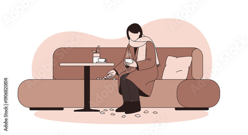 Woman with Scarf Drinking Coffee on Sofa, Illness Concept