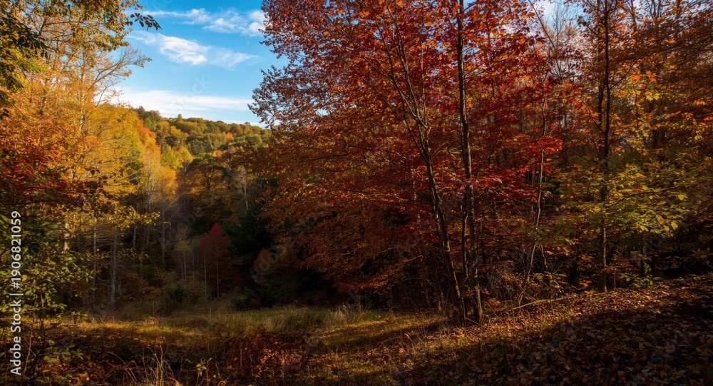 Fototapeta premium Colorful fall forest illuminated by natural sunlight offering a tranquil nature backdrop