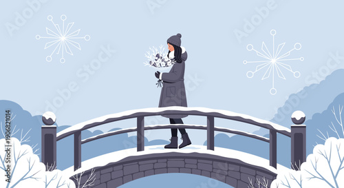 Woman with Winter Bouquet on Snow-Covered Bridge, Snowy Landscape
