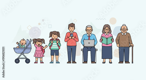 Illustration of human life stages from baby to elderly.