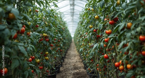 Greenhouse horticulture with prolific cherry tomato crops and reserved copyspace