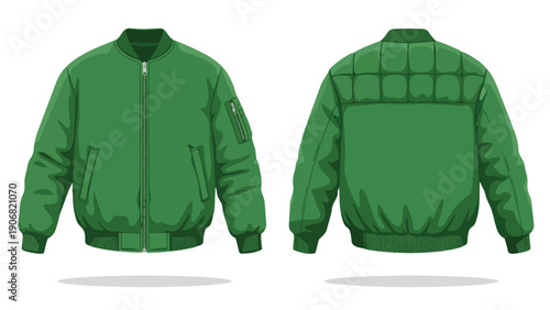 Stylish green bomber jacket displayed with meticulous front and rear detailing a modern outerwear staple perfect for diverse fashion design projects