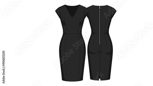 Elegant black V-neck cap-sleeve sheath dress flat sketch front and back views professional apparel design illustration
