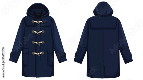 Classic navy blue duffle coat with toggles, front and back view illustration