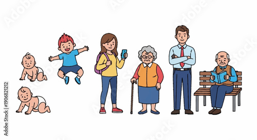 Illustration showing different stages of human life and aging process from baby to elderly.