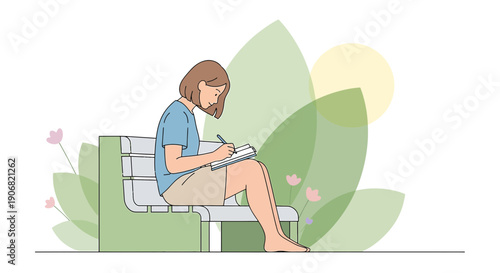 Woman Writing in Notebook on Bench with Floral Illustration Background