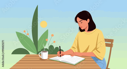 Woman Writing in Journal Outdoors with Coffee and Greenery