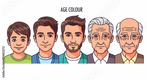 Illustration showing men of different ages from child to elderly.