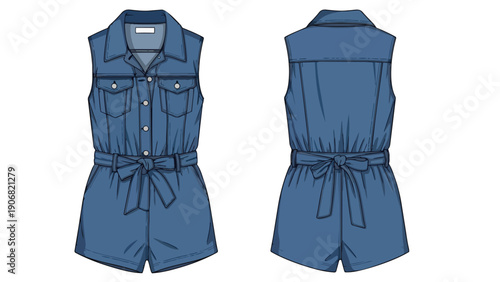 Flat lay technical sketch of a sleeveless denim romper with a tied waist and chest pockets for fashion design illustration