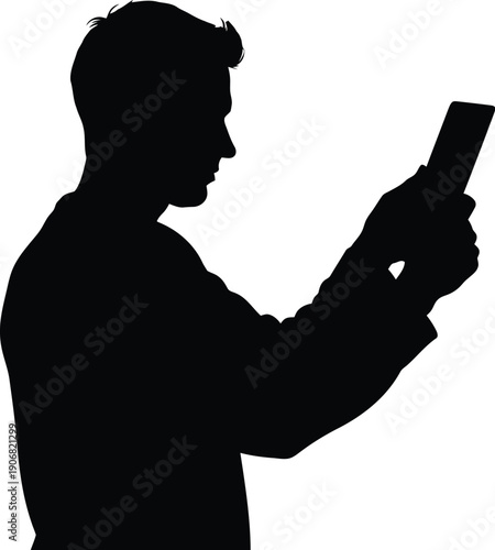 Man standing and using a smartphone in a profile view illustration