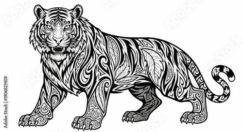 Intricate Tattoo Style Tiger Illustration Standing Fiercely.