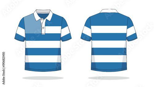 Classic blue and white striped polo shirt design front and back views showcasing casual fashion apparel for modern wardrobes and comfort wear