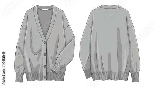 Flat technical sketch of a comfortable gray button-down cardigan, front and back views, ideal for fashion design and apparel concept development.
