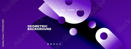 Purple abstract design. Circles, waves, text elements present. Modern aesthetic, website header or banner style.