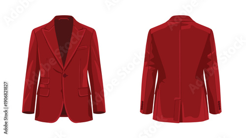 A vibrantly colored crimson menswear blazer presented in a modern vector style showcasing both its refined front and elegant reverse views against a