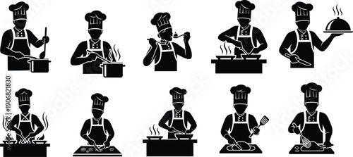 Black and White Chef Silhouette Icons Depicting Cooking Activities, Culinary Skills, Kitchen Tasks for Food Branding, Education, Instructional Design