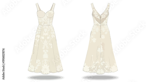 Elegant bridal gown illustration featuring delicate floral lace patterns on a sweetheart neckline and a sophisticated button-back design perfect for
