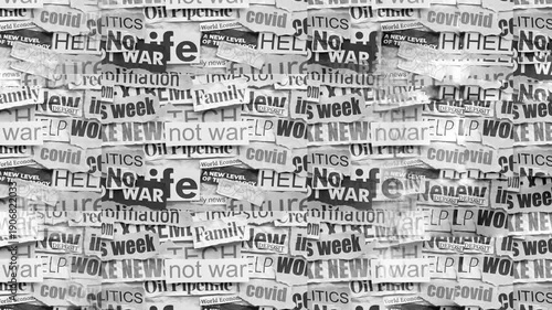 Black and white abstract montage of newspaper fragments forming a chaotic overlapping background