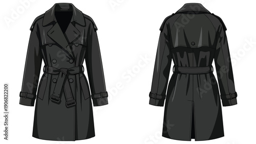 Elegant black trench coat vector illustration showcasing classic double-breasted design and belted silhouette from front and back view ideal for
