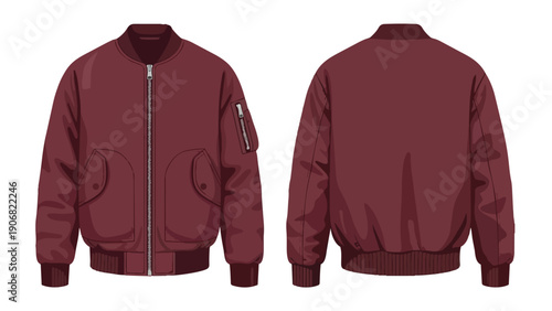 Maroon bomber jacket vector art, front and back views. Features zipper, pockets. Flat illustration of a versatile casual outerwear piece for