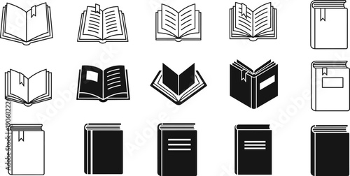 Minimalist black and white book icons set featuring open, closed, outlined, and filled designs for digital interfaces, education, and design projects