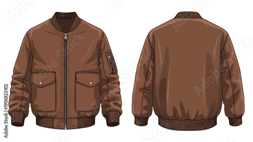 Illustrated brown classic bomber jacket design flat vector mockup showing front and back views for fashion apparel templates or casual outerwear