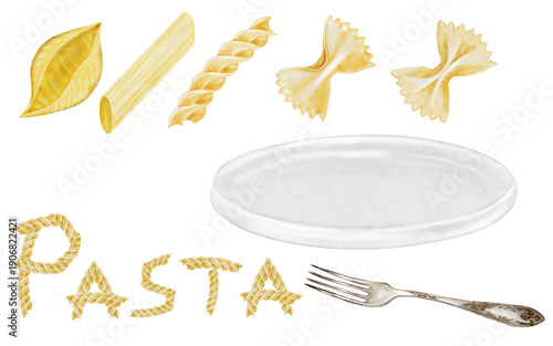 Pasta watercolor big set. Hand drawn different italian macaroni and fork, plate and inscription on white background. Food clip art. Ideal for pasta packaging, restaurant menus and posters