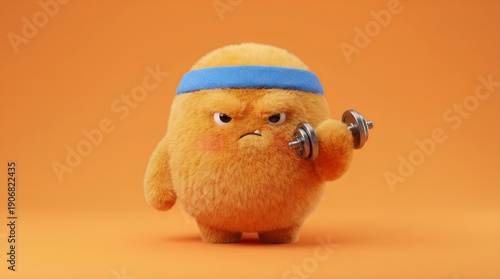 Tenacious, fluffy orange monster shows off his strength and endurance while working out with dumbbells.  Banner for fitness character training, gym workout, healthy lifestyle with copy space.