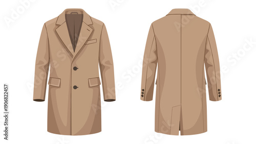 Sophisticated beige men's overcoat vector illustration, presenting classic front and back views with tailored design details for elegant outerwear