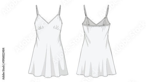 Crisp technical flat sketch illustrating the front and back views of a delicate v-neck slip dress with thin straps, ideal for fashion design and