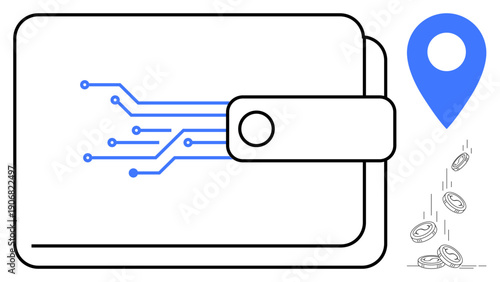 Cryptocurrency, financial technology, geolocation tracking, digital assets, blockchain, online payments. Digital wallet with circuit design and location marker, coins falling. Cryptocurrency
