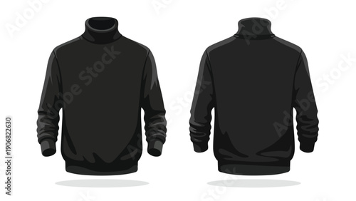 Black turtleneck sweater vector illustration, front and back views This essential garment offers timeless style, warmth, and versatility for apparel
