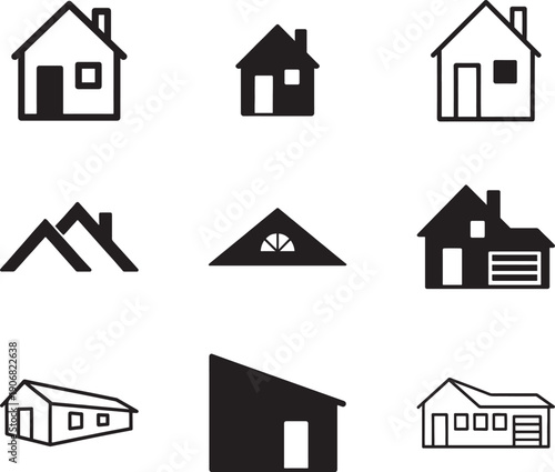 House icons set in linear and solid styles, home buildings symbols for real estate design.