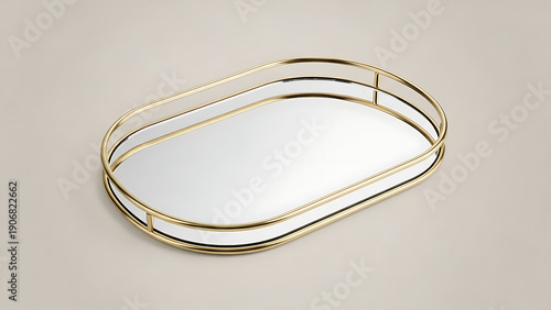Perspective view of an empty golden oval mirrored tray for home decor, vanity organization, and luxury product display isolated on neutral background