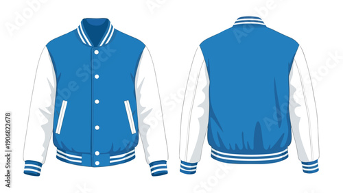 Classic varsity jacket flat lay illustration showcasing front and back blue and white design